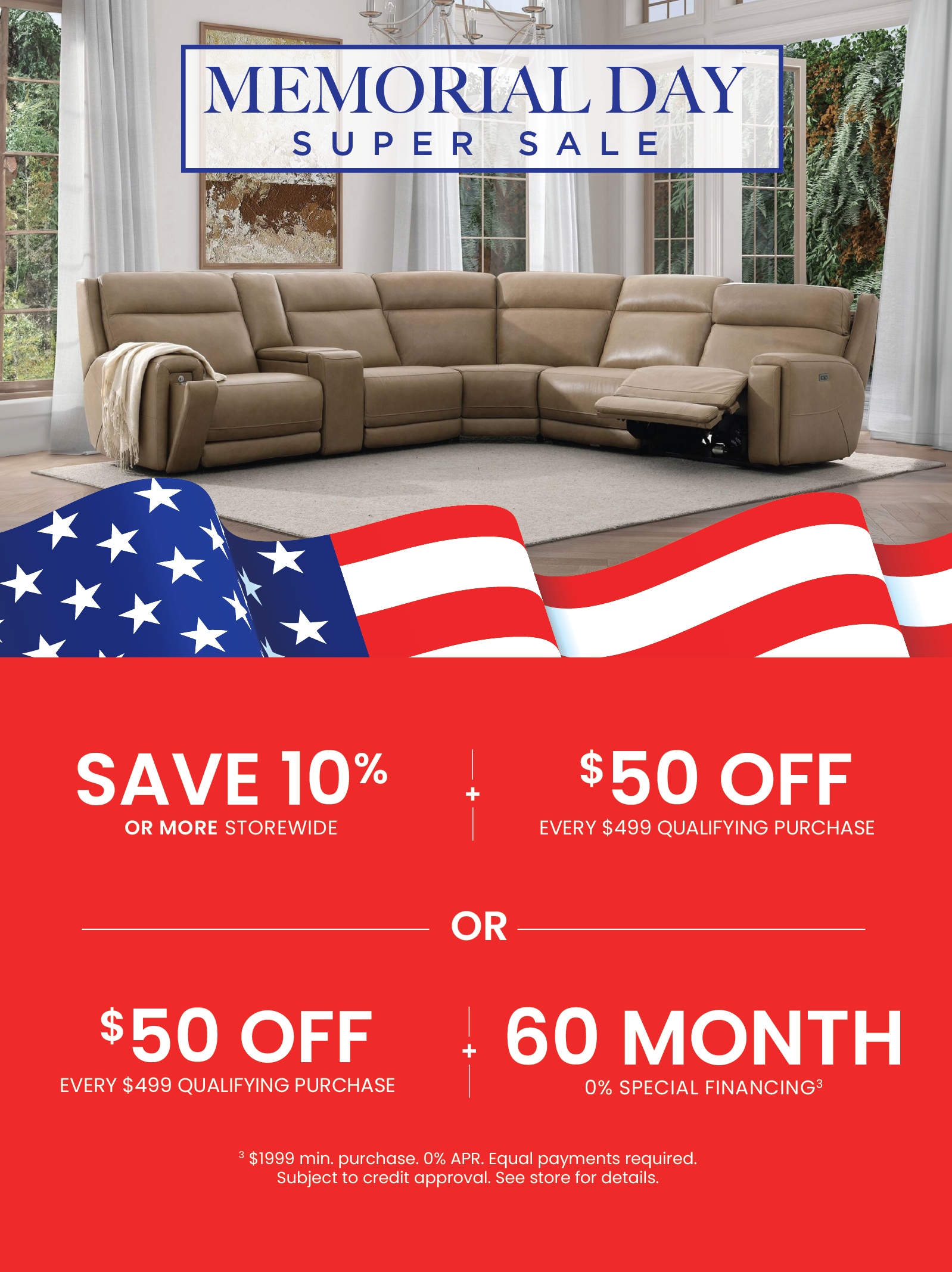 Save 10% + $50 Off Every $499 or Save 10% + 60 Month 0% Finance