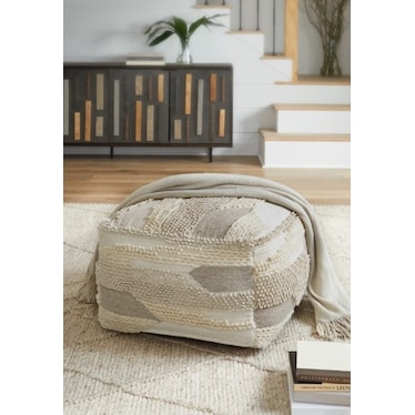 Beige and Grey Textured Pouf 23"W x 14"H