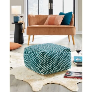 Blue and White Geo Pouf 22.25"W x 14.5"H