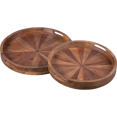 Set of 2 Natural Finish Wood Round Ottoman Trays 20/22"