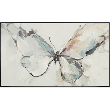 Cream, Charcoal, Blue, and Tan Butterfly Handpainted Framed Canvas 60"W x 36"H
