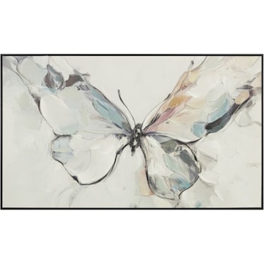 Cream, Charcoal, Blue, and Tan Butterfly Handpainted Framed Canvas 60"W x 36"H