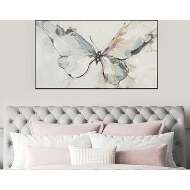 Cream, Charcoal, Blue, and Tan Butterfly Handpainted Framed Canvas 60"W x 36"H