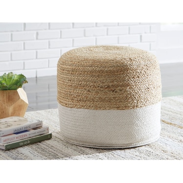 Natural and White Jute-Cotton Pouf 19"W x 18"H