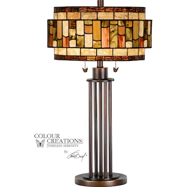 Brown Tones Drum Shade Tiffany-Style Glass Table Lamp 29.5"H