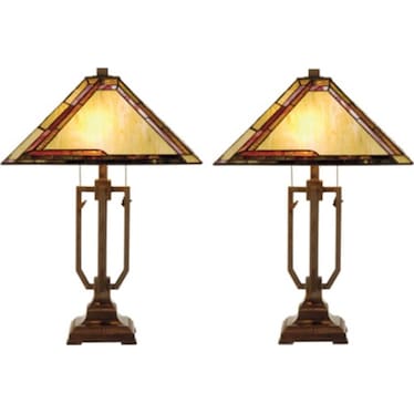 Pair of Amber, Burgandy, and Green Tiffany-Style Glass Table Lamps 25"H