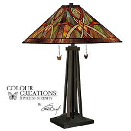 Imperial Green, Red, and Cream Tiffany-Style Glass Table Lamp 30"H