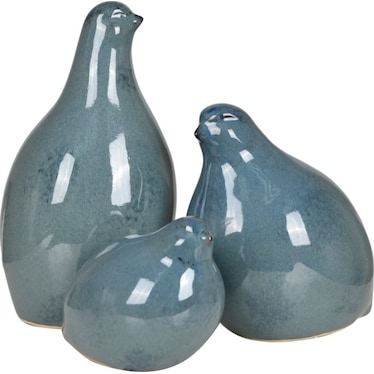 Set of 3 Blue Ceramic Partridge Statues 6"W x 9"H