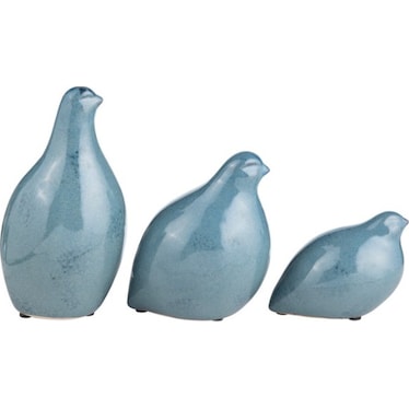 Set of 3 Blue Ceramic Partridge Statues 6"W x 9"H