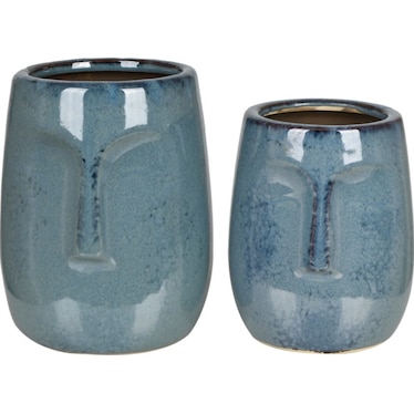 Set of 2 Blue Ceramic Face Vases 5/7"H