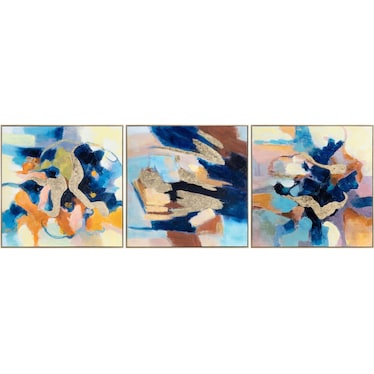 Set of 3 Colorful Blue and Gold Framed Painting 30"W x 30"H