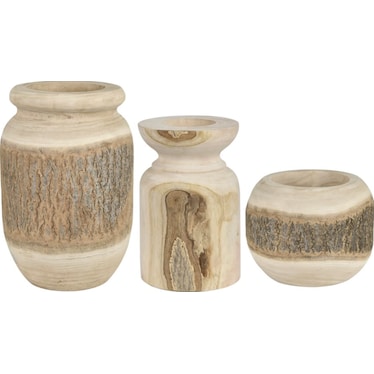 Set of 3 Natural Wood Vases 6.5/9/14.5"H