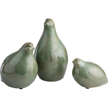 Set of 3 Green Ceramic Partridge Statues 6"W x 9"H