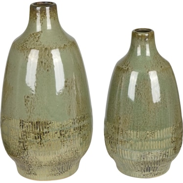 Set of 2 Green Ceramic Vases 6/7"W x 10.5/13"H