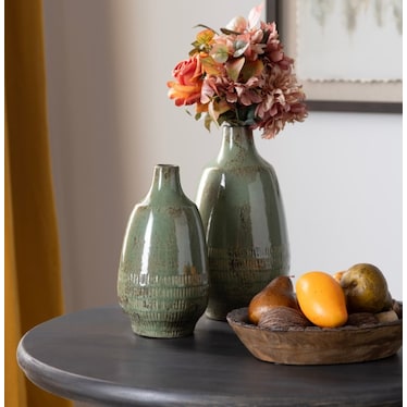 Set of 2 Green Ceramic Vases 6/7"W x 10.5/13"H