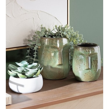 Set of 2 Green Ceramic Face Vases 5/7"H