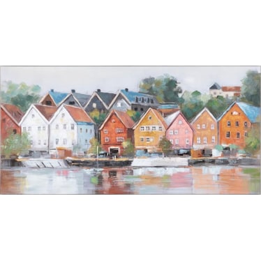 Colorful Homes On River Framed Painting 60"W x 30"H