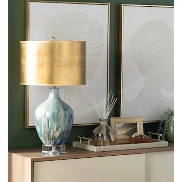 Green, Bronze, and Gold Glass Table Lamp 27.5"H