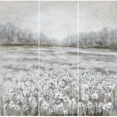 Set of 3 Field of White Flowers Handpainted Art 16"W x 47"H