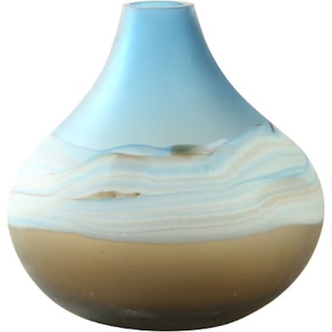 Short Blue and Amber Glass Vase 9"W x 9.5"H