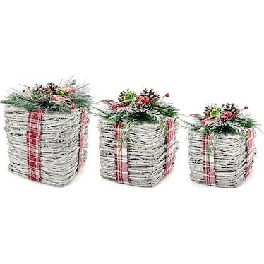 Set of 3 Natural and Red Ribbon Christmas Boxes 8/11/13"H