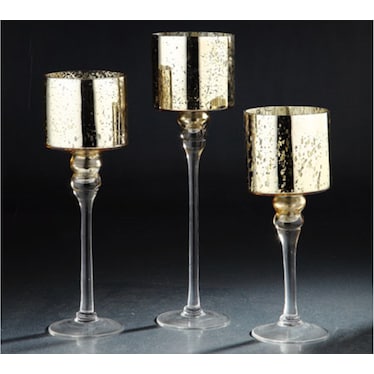 Set of 3 Gold Mercury Glass Candleholders 12/14/15.5"H