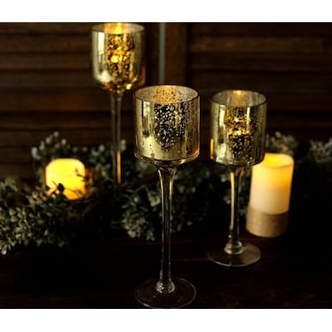 Set of 3 Gold Mercury Glass Candleholders 12/14/15.5"H