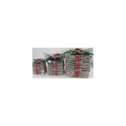 Set of 3 Natural and Red Ribbon Christmas Boxes 8/11/13"H