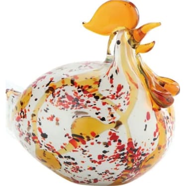 Short White Multi-Colored Glass Chicken Figurine 8"W x 7"H