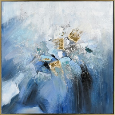Blue, White, and Gold Abstract Canvas Framed Painting 40"W x 40"H