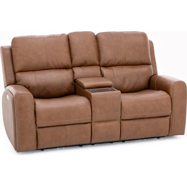 Landon Leather Zero Gravity Fully Loaded Reclining Console Loveseat in Caramel