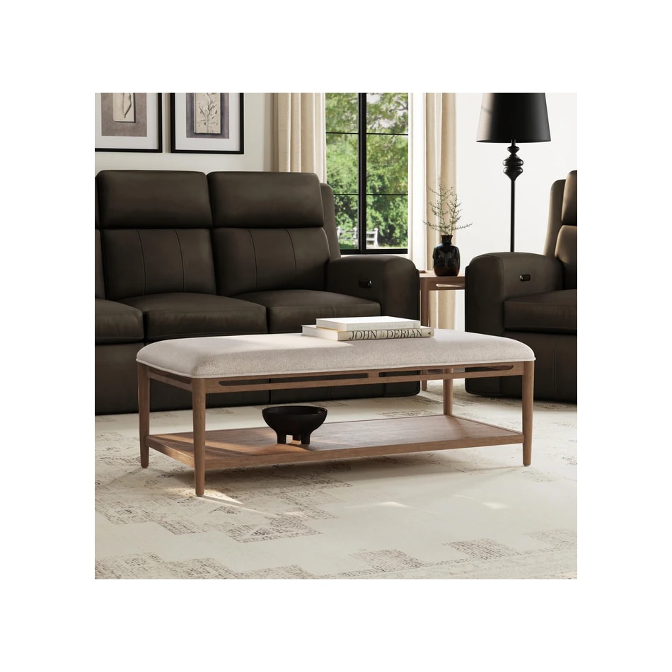 flxd medium brown oak finish   cream colored performance fabr cocktail table vrn  