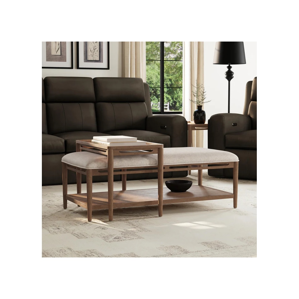 flxd medium brown oak finish   cream colored performance fabr cocktail table vrn  