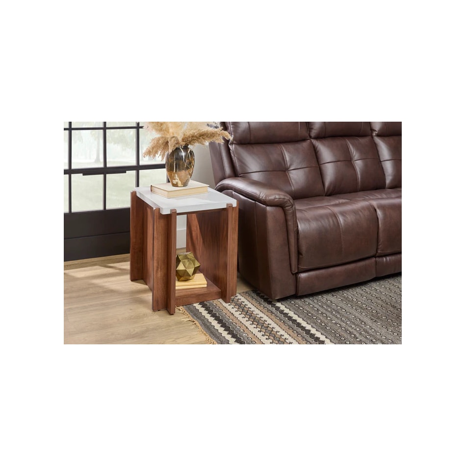 flxd warm walnut finish and faux co end table lnc  
