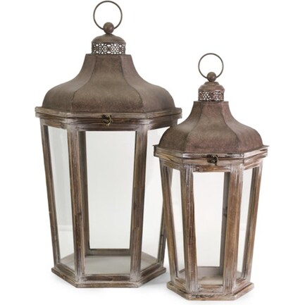 Set of 2 Antique Iron and Glass Lantern 28/32"H