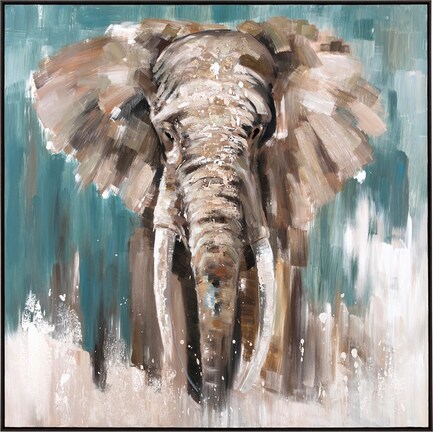 Elephant Thru Waterfall Framed Oil Canvas Painting 48"W x 48"H