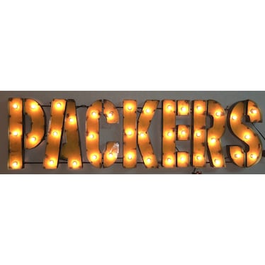 Gold Recycled Metal Packers Wall Decor With Bulbs 46"W x 13"H
