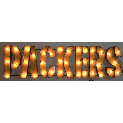 Gold Recycled Metal Packers Wall Décor With Bulbs 46"W x 13"H
