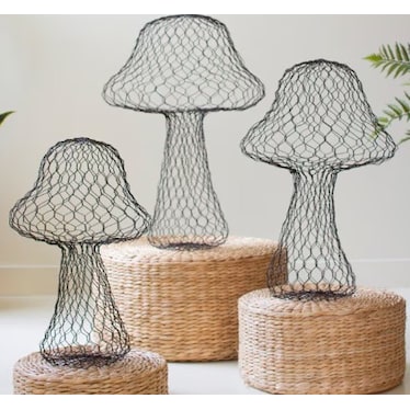 Set of 3 Wire Mushroom Sculptures 18"/20"/23"H
