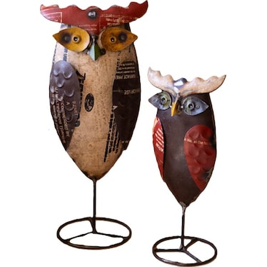 Set of 2 Recycled Metal Owls On Stands 12"/16"H