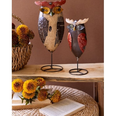 Set of 2 Recycled Metal Owls On Stands 12"/16"H
