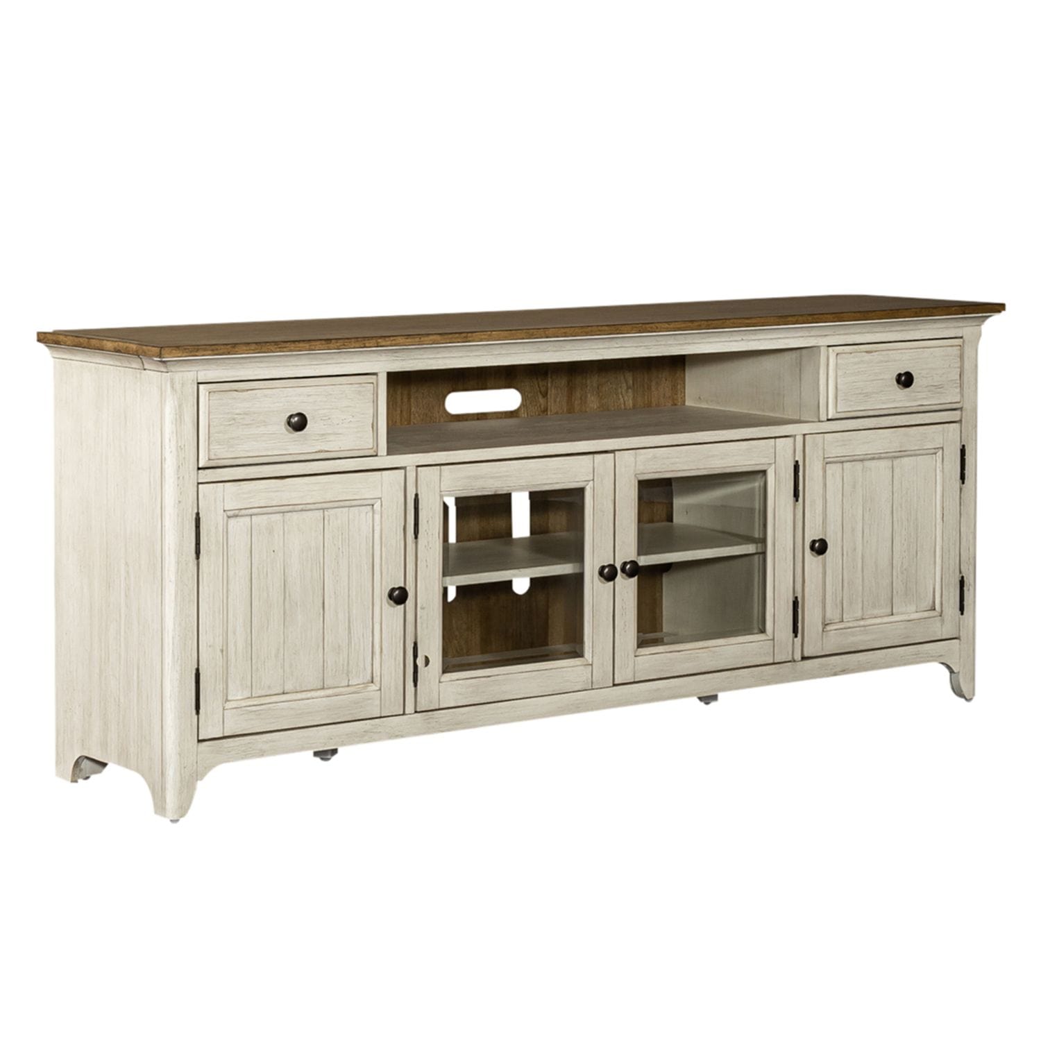 Farmhouse Reimagined Entertainment TV Stand Steinhafels   Lbtx Antique White W  Chestnut Top Console 400069985 1933931 