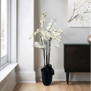 White and Yellow Orchid In Deco Planter 4'H