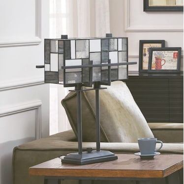 Grey Rectangular Shade Tiffany-Style Glass Table Lamp 21"H