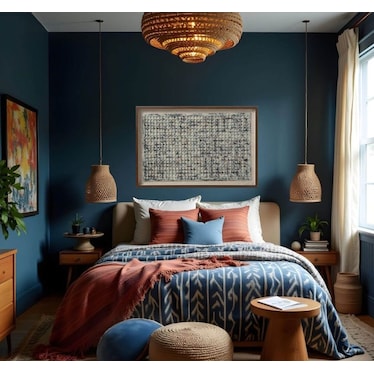 Blue and Tan Framed Textile 53"W x 35"H