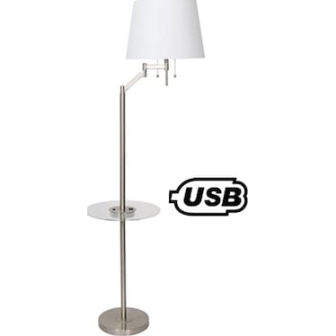 Brushed Steel Metal Floor Lamp with USB and Glass Tray 61"H
