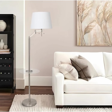 Brushed Steel Metal Floor Lamp With Usb And Glass Tray 61"H In Silver