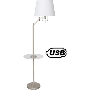 Brushed Steel Metal Floor Lamp With Usb And Glass Tray 61"H In Silver