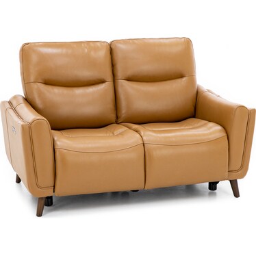Bethany Leather Power Headrest Reclining Loveseat in Caramel