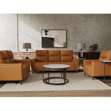 Bethany Leather Power Headrest Reclining Loveseat in Caramel